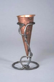Copper vessel in forged stand 12"H